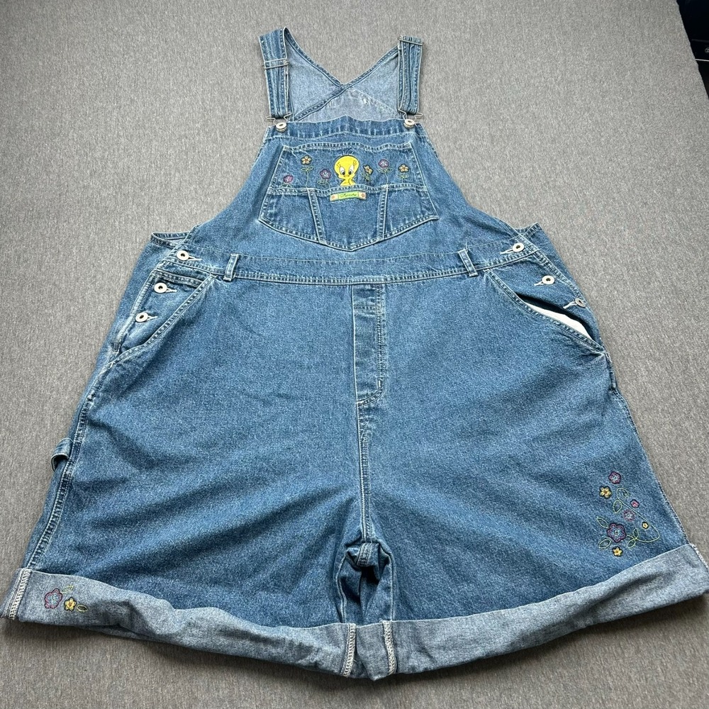Looney Tunes Denim Short Overalls Womens 22W Tweety Bird Embroidered Bibs